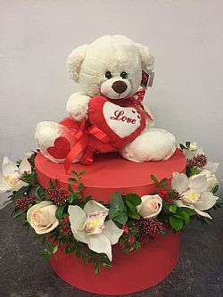 Teddy Box - Καπελιέρα με τριαντάφυλλα και cymbidium ορχιδέες και λούτρινο κουκλάκι