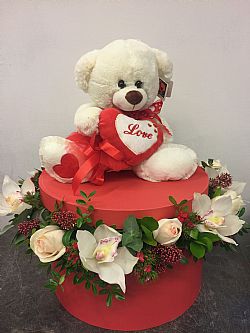 Teddy Box - Καπελιέρα με τριαντάφυλλα και cymbidium ορχιδέες και λούτρινο κουκλάκι